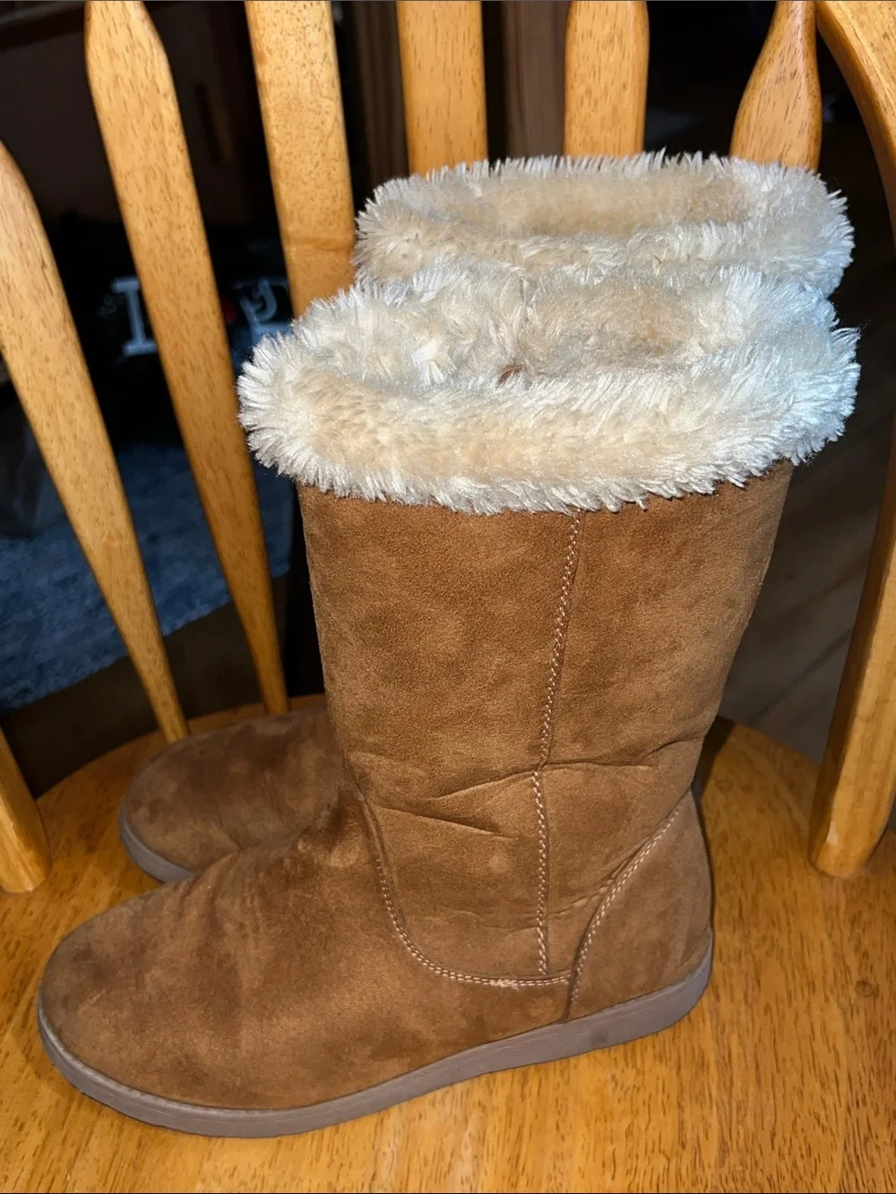 Cat And Jack Faux Brown Suede + Fur Trim Winter Boots Girls Chestnut Size 5